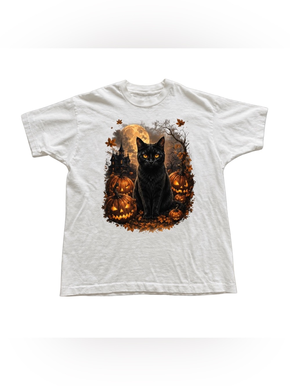 White Tee with Black Cat & Orange Pumpkin Halloween Graphic